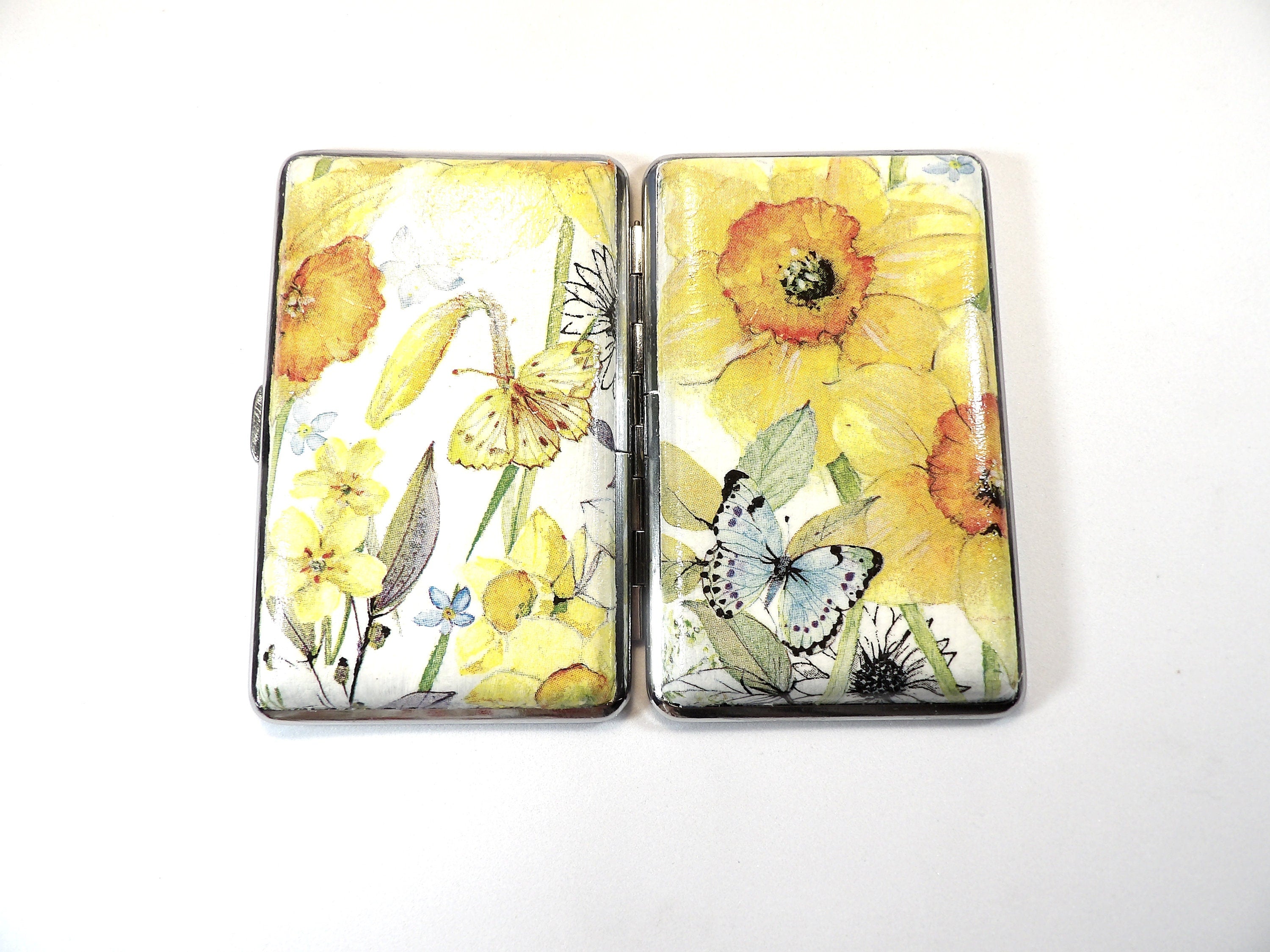 Daffodil Cigarrette Case, 100s Slim Cigarette Box, Butterfly Card Case, Floral Pattern Box, Business Card Case, Elegant Gift for Her
