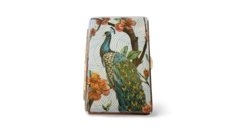 Peacock cigarrette case, 100's slim cigarette box, Birds and  floral pattern, credit card case, business card case, elegant gift for her