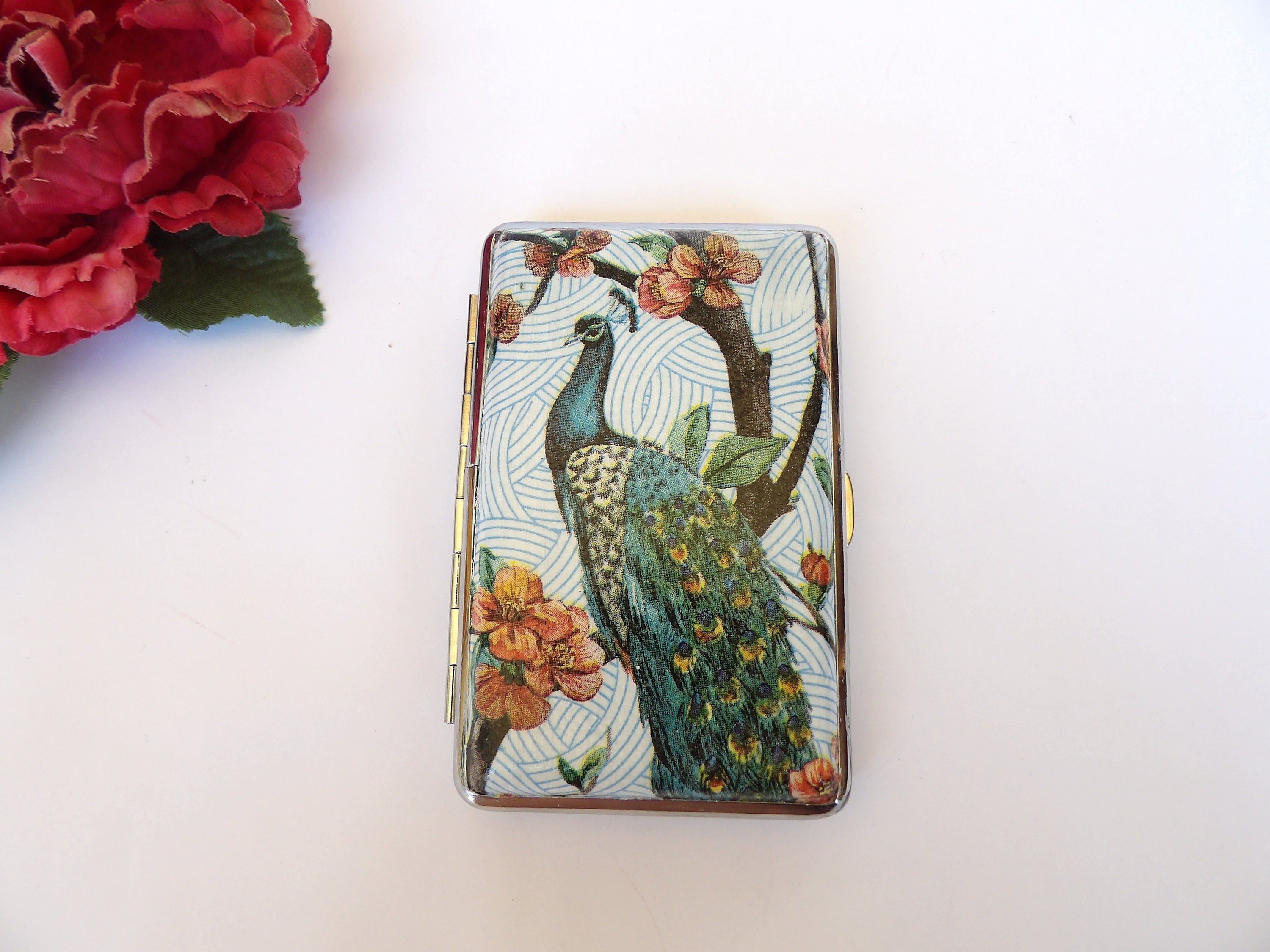 Peacock cigarrette case, 100's slim cigarette box, Birds and  floral pattern, credit card case, business card case, elegant gift for her