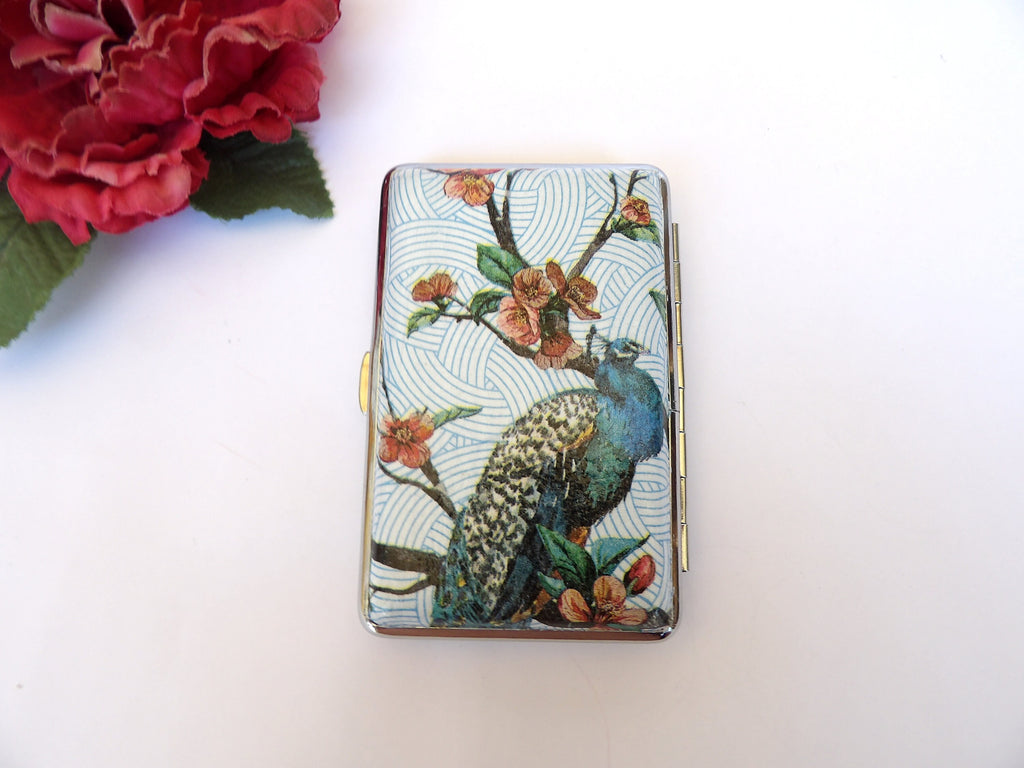 Peacock cigarrette case, 100's slim cigarette box, Birds and  floral pattern, credit card case, business card case, elegant gift for her