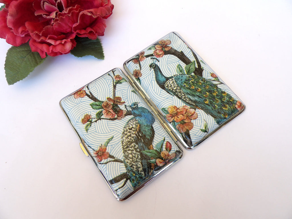 Peacock cigarrette case, 100's slim cigarette box, Birds and  floral pattern, credit card case, business card case, elegant gift for her