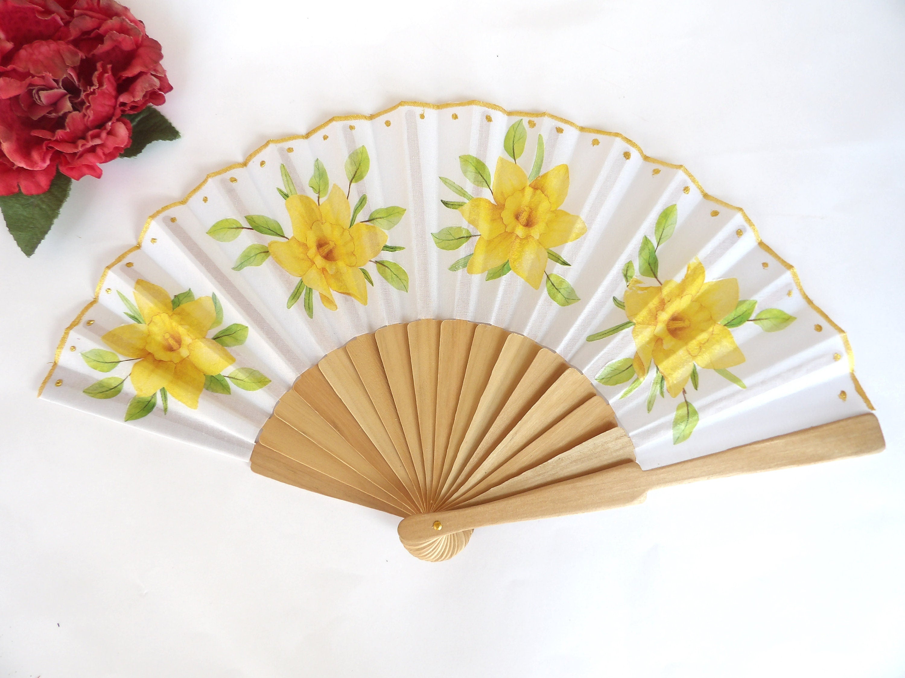 Daffodil Hand Fan, Floral Holding Fan, Evening or Wedding Dress Accessory, Spanish Hand Fan, Yellow hand fan, gift for bride mom