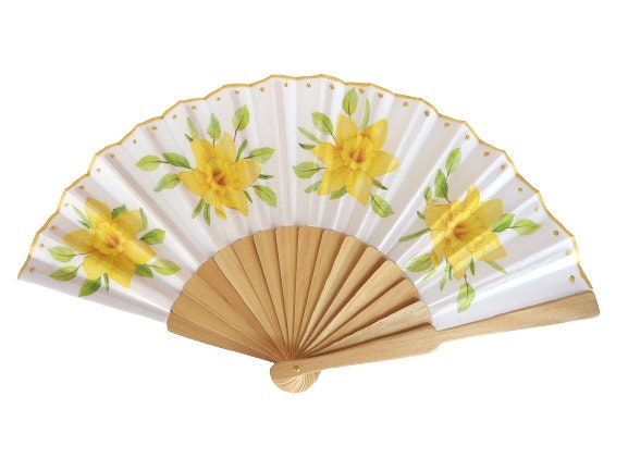 Daffodil Hand Fan, Floral Holding Fan, Evening or Wedding Dress Accessory, Spanish Hand Fan, Yellow hand fan, gift for bride mom