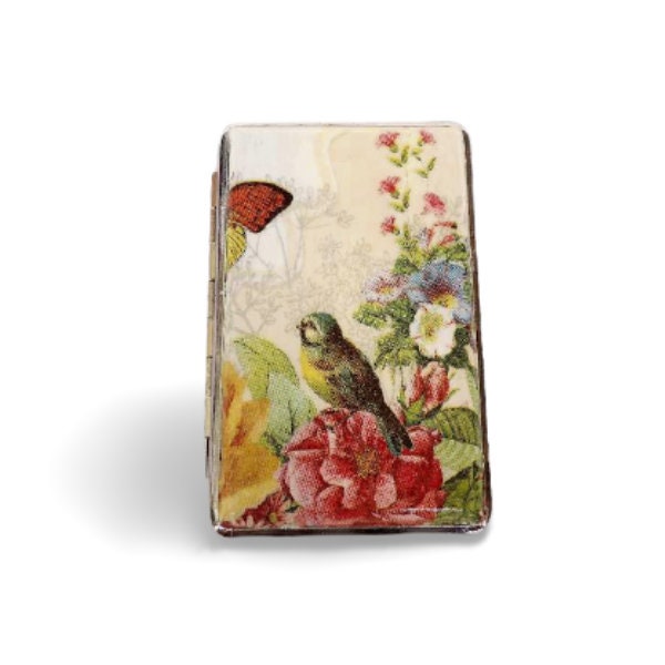100's cigarrette case, bird and flowers box, business card case, gift for smokers, elegant gift for her, credit card case, clutch case