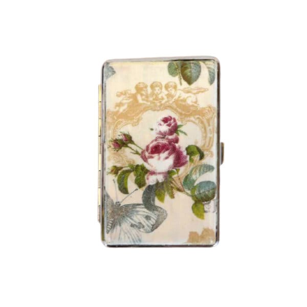 Rose slim cigarette case, business card holder, cigarrette holder, credit card box, women wallet, floral gift for her, vintage angels case