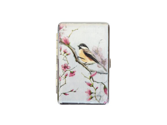 Bird slim cigarette case, blossom business card holder, 100s cigarette holder, credit card box, women wallet, floral gift for her, tabaquera