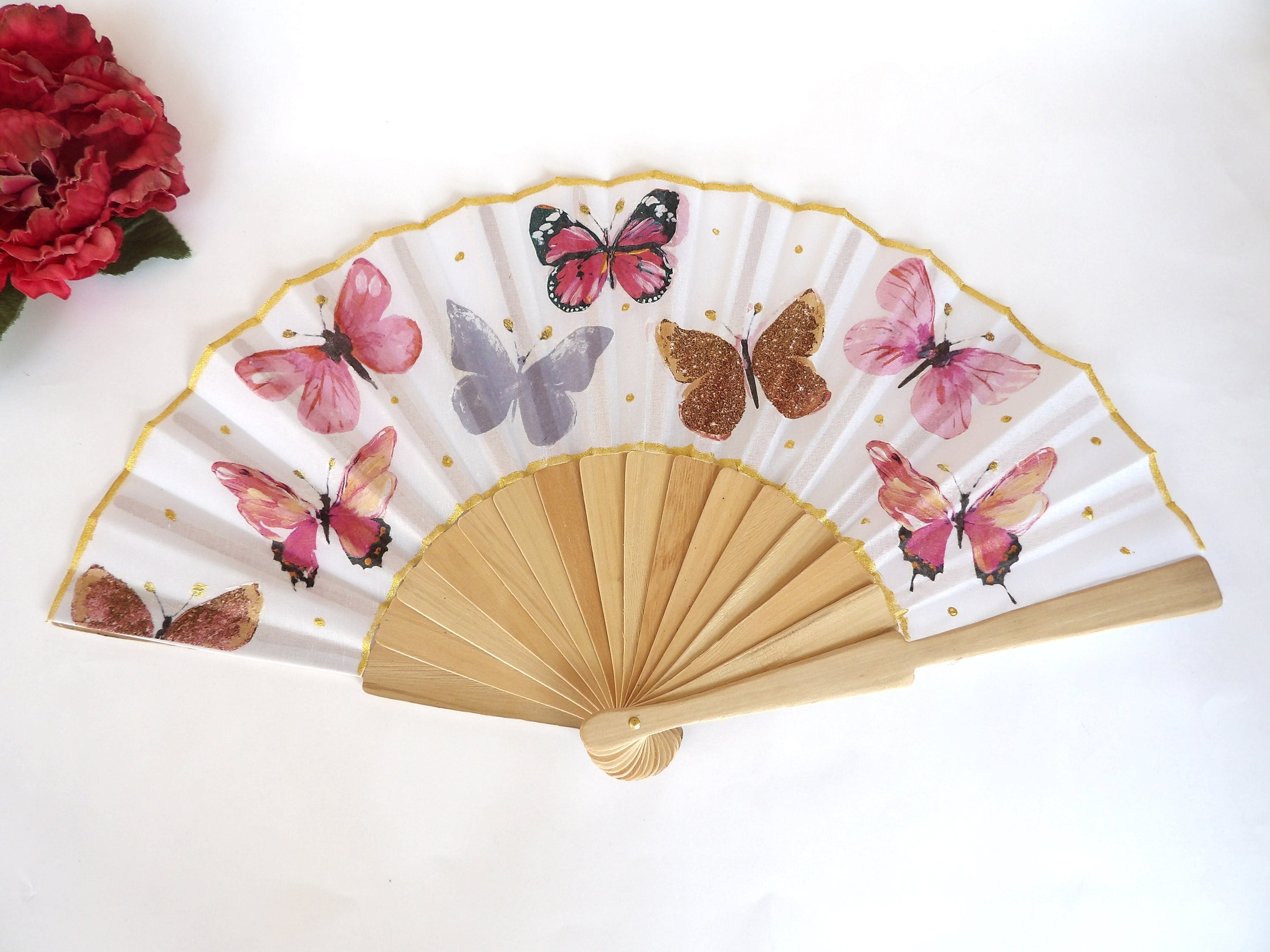 PInk Butterfly Hand Fan, Feather Holding Fan, Wedding Gift, Bride Accessory, Gift for Birds lovers, Bridesmaid Hand Fan, Christmas gift