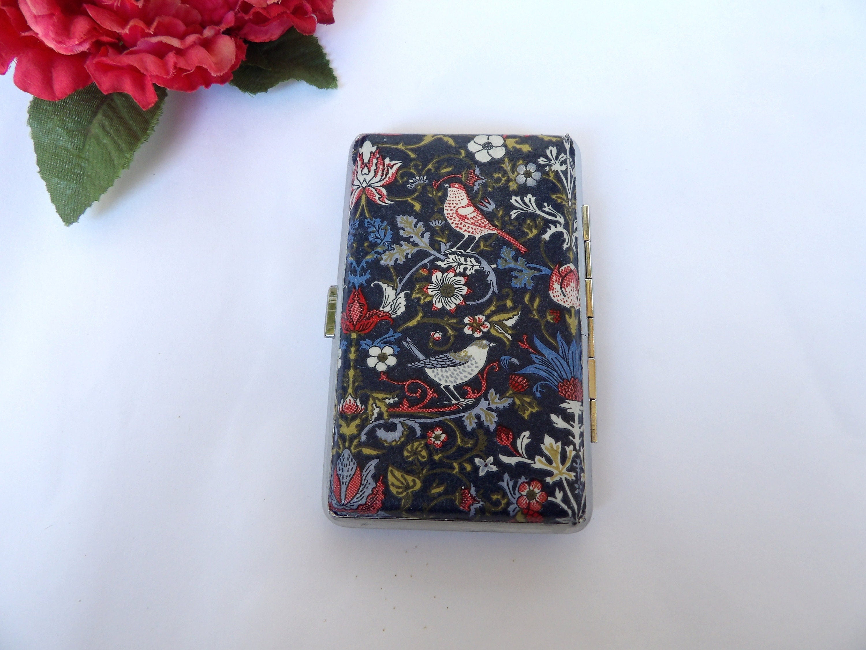 Slim 100's Cigarette Case, Strawberry Thief design, Business Card Case, WM Art Noveau Box ,Gift for Her, Credit Card Case, Bag Purse