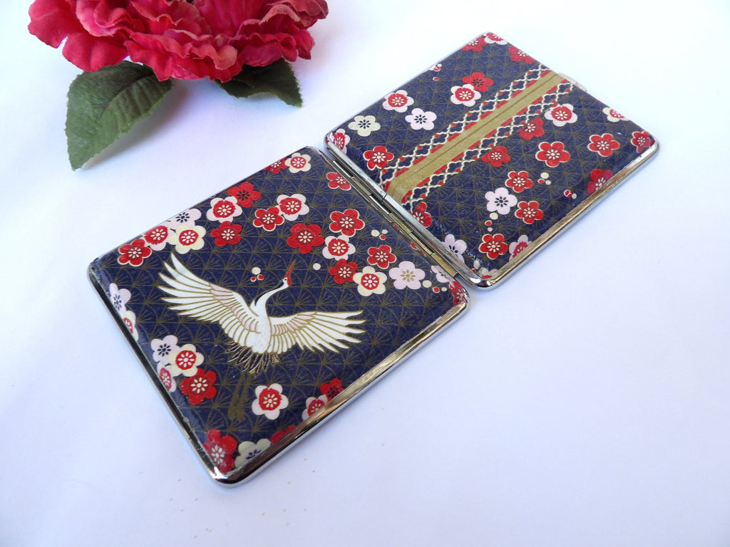 Crane Cigarette Case, Floral ID Card Case, Business Card Case, Case with birds and flowers, Credit Card Wallet, Cigarrette Holder, Clutch