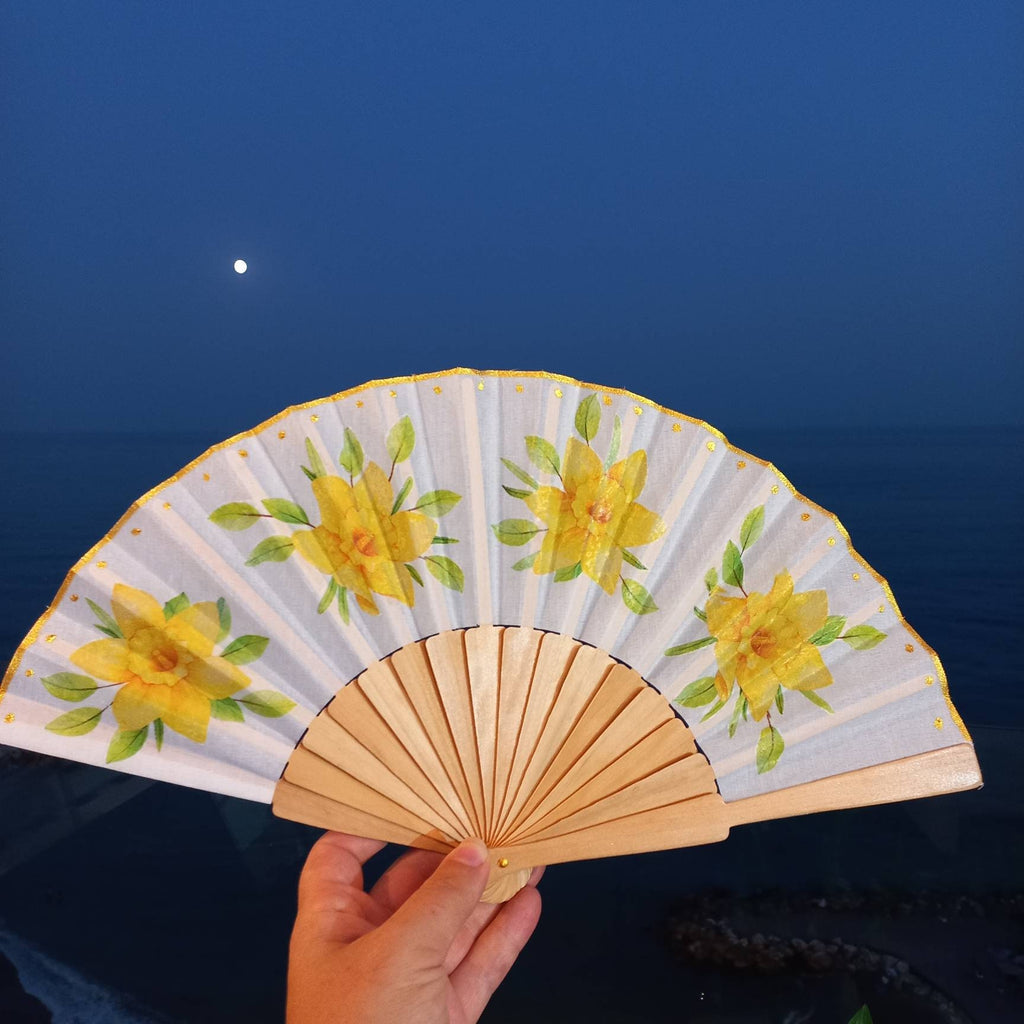 Daffodil Hand Fan, Floral Holding Fan, Evening or Wedding Dress Accessory, Spanish Hand Fan, Yellow hand fan, gift for bride mom
