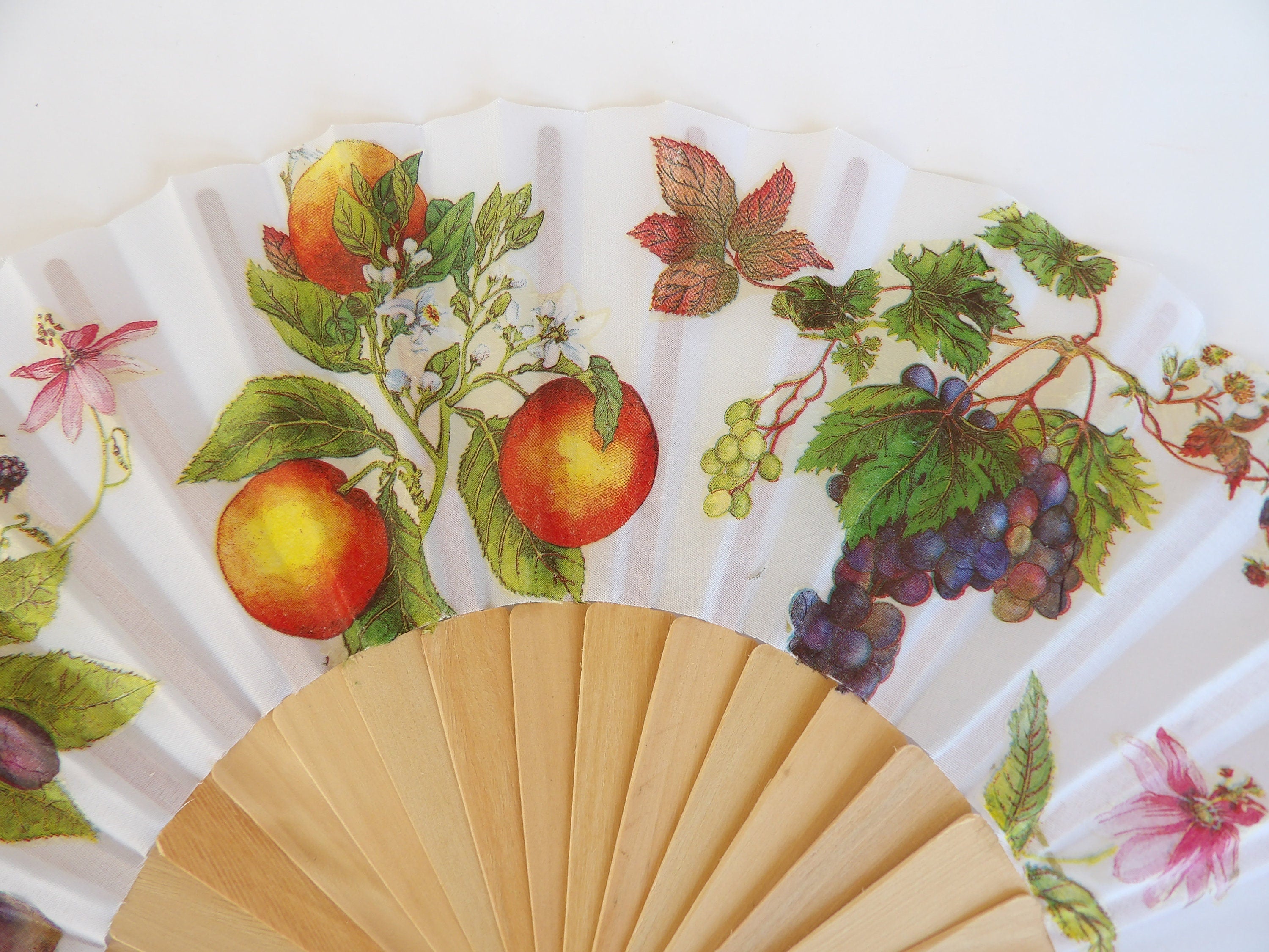 Handmade Fruit Hand Fan – Vibrant Grape & Orange Design – Folding Fan for Beach and Travel,  Wedding Hand Fan, Scllop Handheld fan