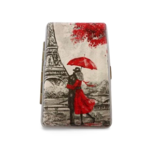 Love in Paris cigarrette case, 100's slim cigarette box, gift for girlfriend, business card case, clutch case, red umbrella case for her