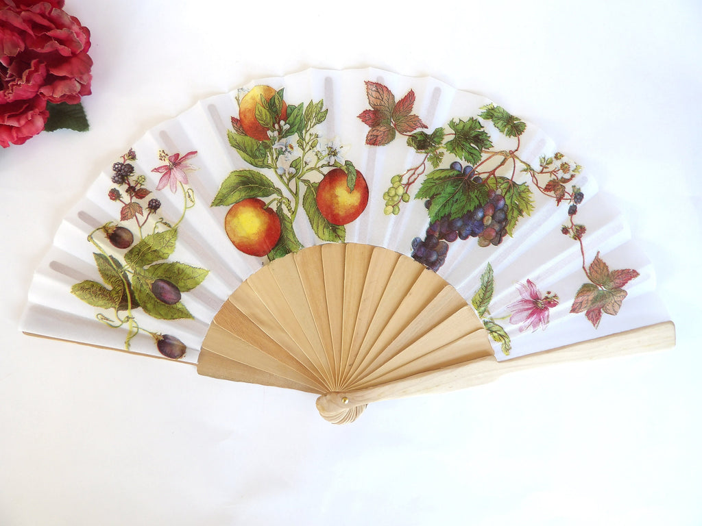 Handmade Fruit Hand Fan – Vibrant Grape & Orange Design – Folding Fan for Beach and Travel,  Wedding Hand Fan, Scllop Handheld fan