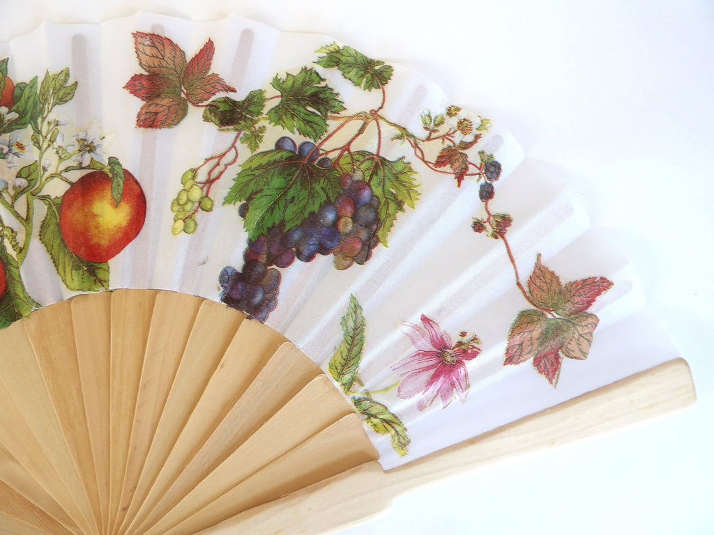 Handmade Fruit Hand Fan – Vibrant Grape & Orange Design – Folding Fan for Beach and Travel,  Wedding Hand Fan, Scllop Handheld fan