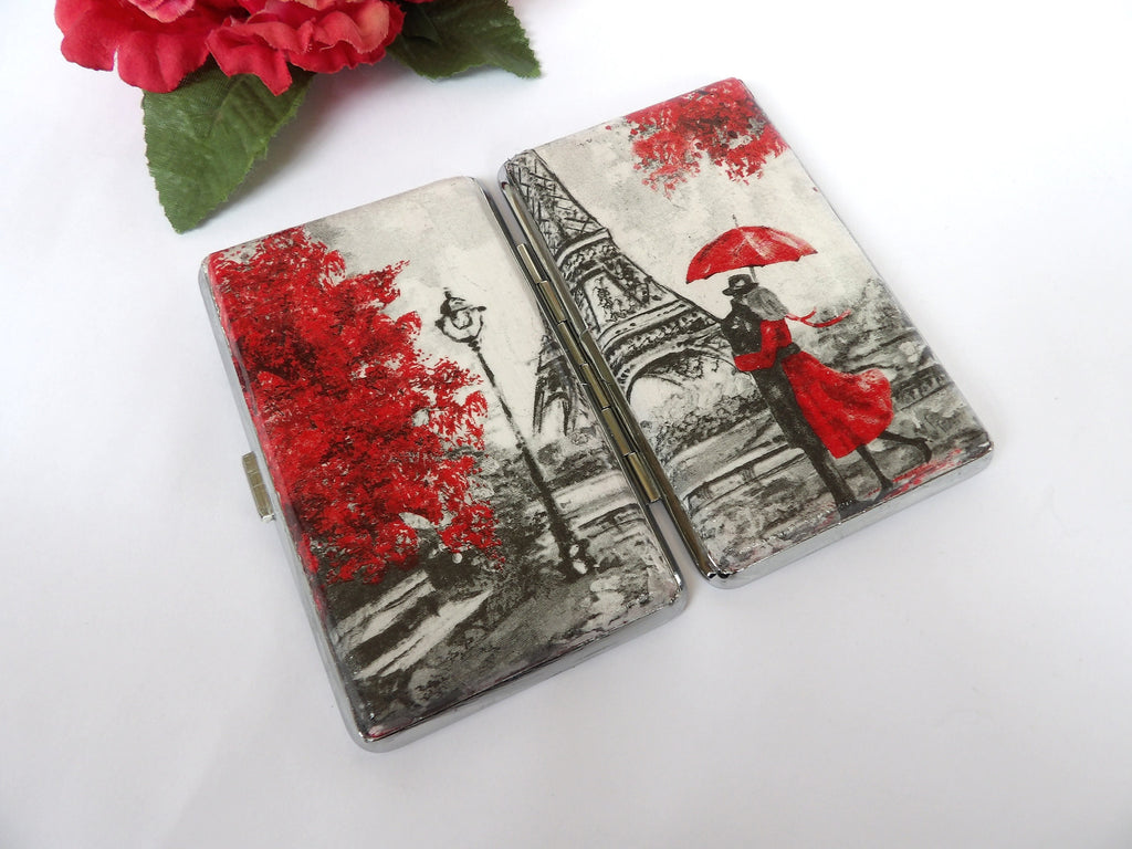 Love in Paris cigarrette case, 100's slim cigarette box, gift for girlfriend, business card case, clutch case, red umbrella case for her