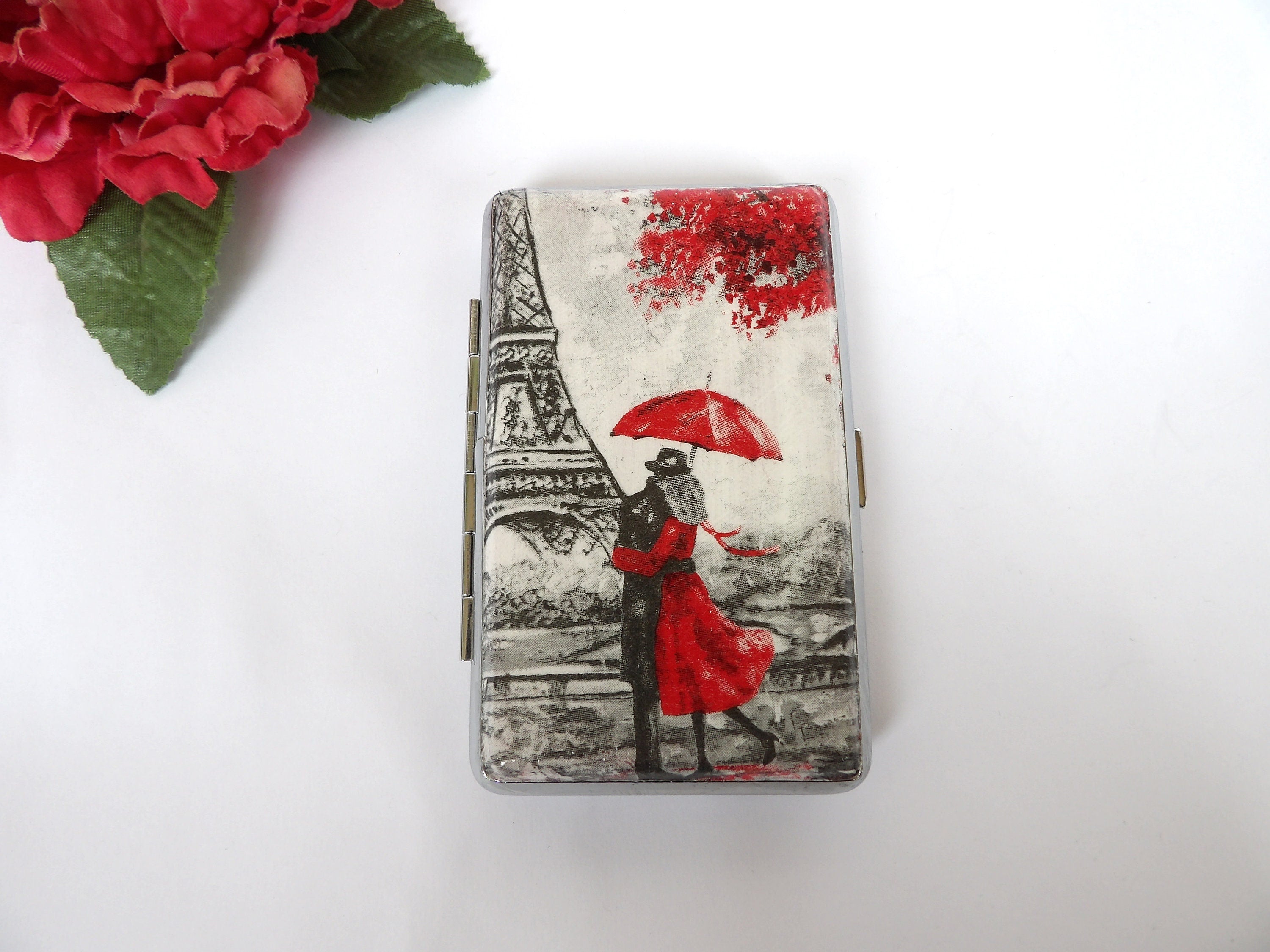 Love in Paris cigarrette case, 100's slim cigarette box, gift for girlfriend, business card case, clutch case, red umbrella case for her