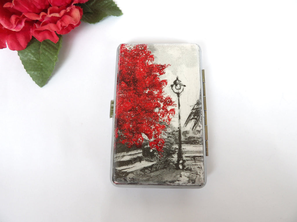 Love in Paris cigarrette case, 100's slim cigarette box, gift for girlfriend, business card case, clutch case, red umbrella case for her