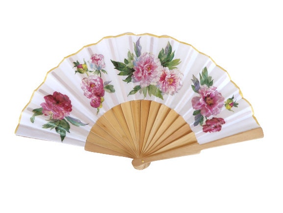 Hand Fan with Peonies, Floral Holding Fan, Wedding Dress Accessory, Spanish Hand Fan, Garden Wedding hand fan, gift for bride mom