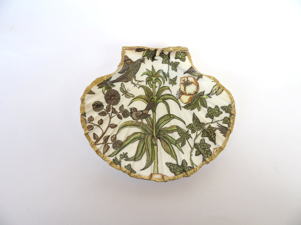 Scallop shell ring dish, soap dish, jewelry dish, large  shells dish, floral trinket dish, candy dish, bathroom decor with birds, botainical