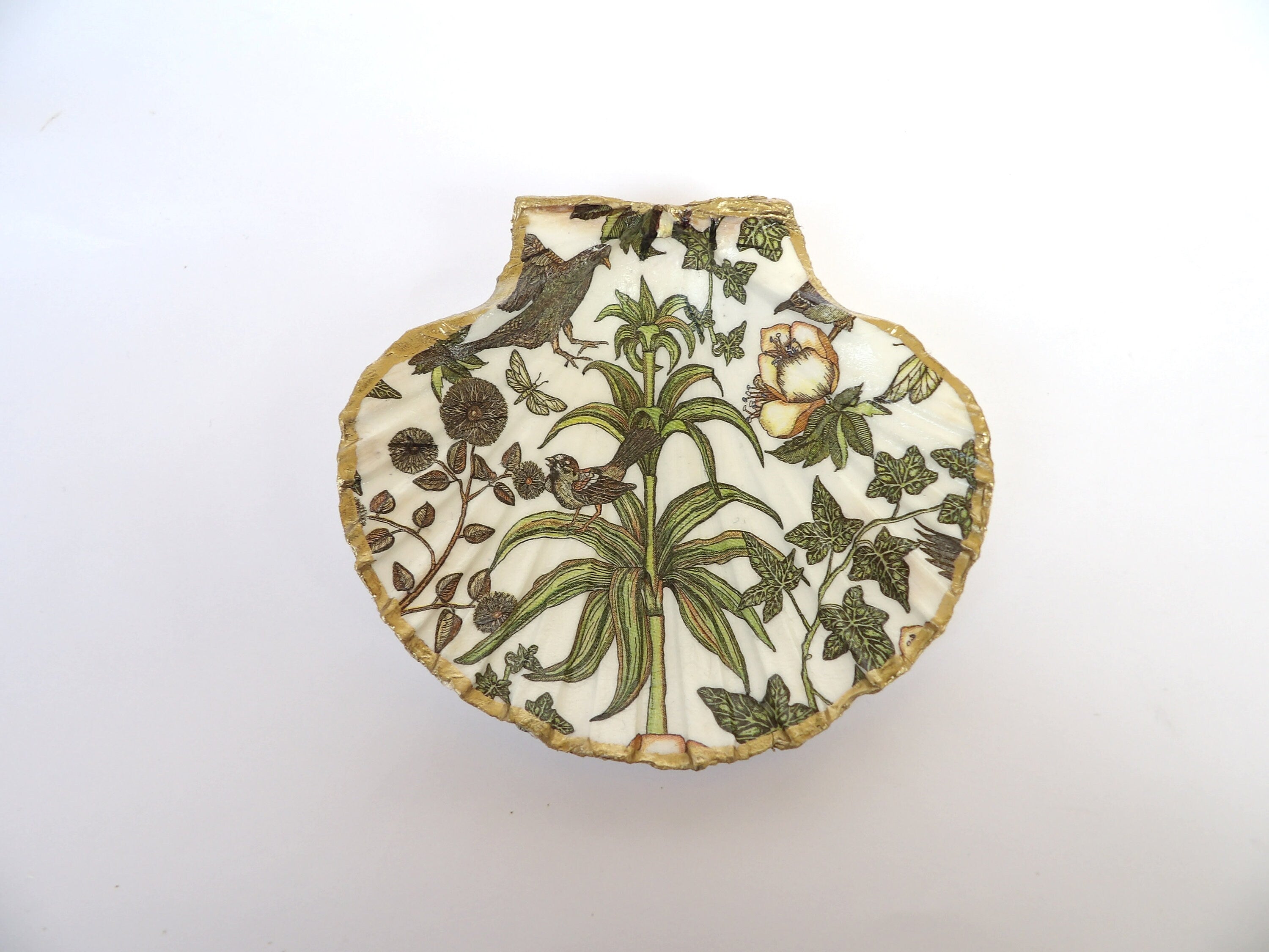 Scallop shell ring dish, soap dish, jewelry dish, large  shells dish, floral trinket dish, candy dish, bathroom decor with birds, botainical