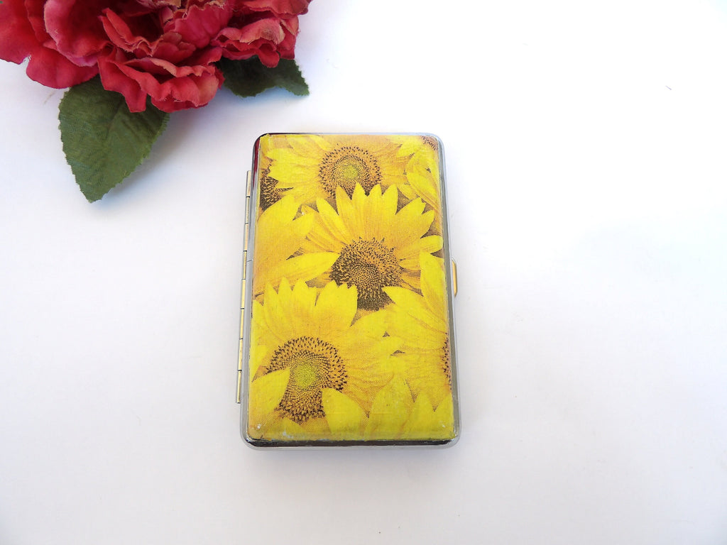 Sunflowers Slim 100's Cigarrette Case, Floral Box, Business Card Case, Gift for Smokers, Elegant Credit Card Case, Bag or clutch Purse
