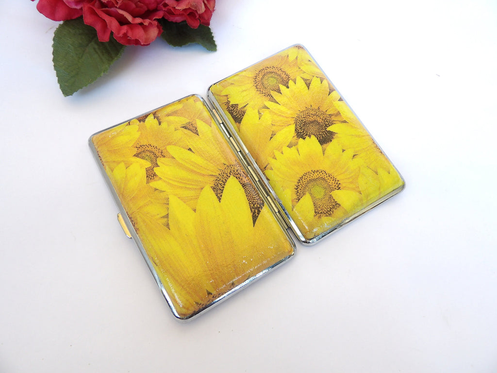 Sunflowers Slim 100's Cigarrette Case, Floral Box, Business Card Case, Gift for Smokers, Elegant Credit Card Case, Bag or clutch Purse