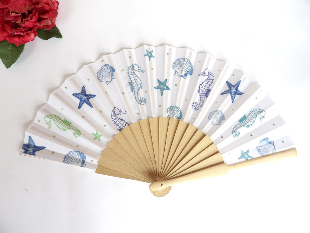 Hand Fan for Beach wedding, Folding Fan with Shells and Sea Horse, Nautical Wedding Hand Fan, Scllop Handheld fan, Summer Accessory for Wife
