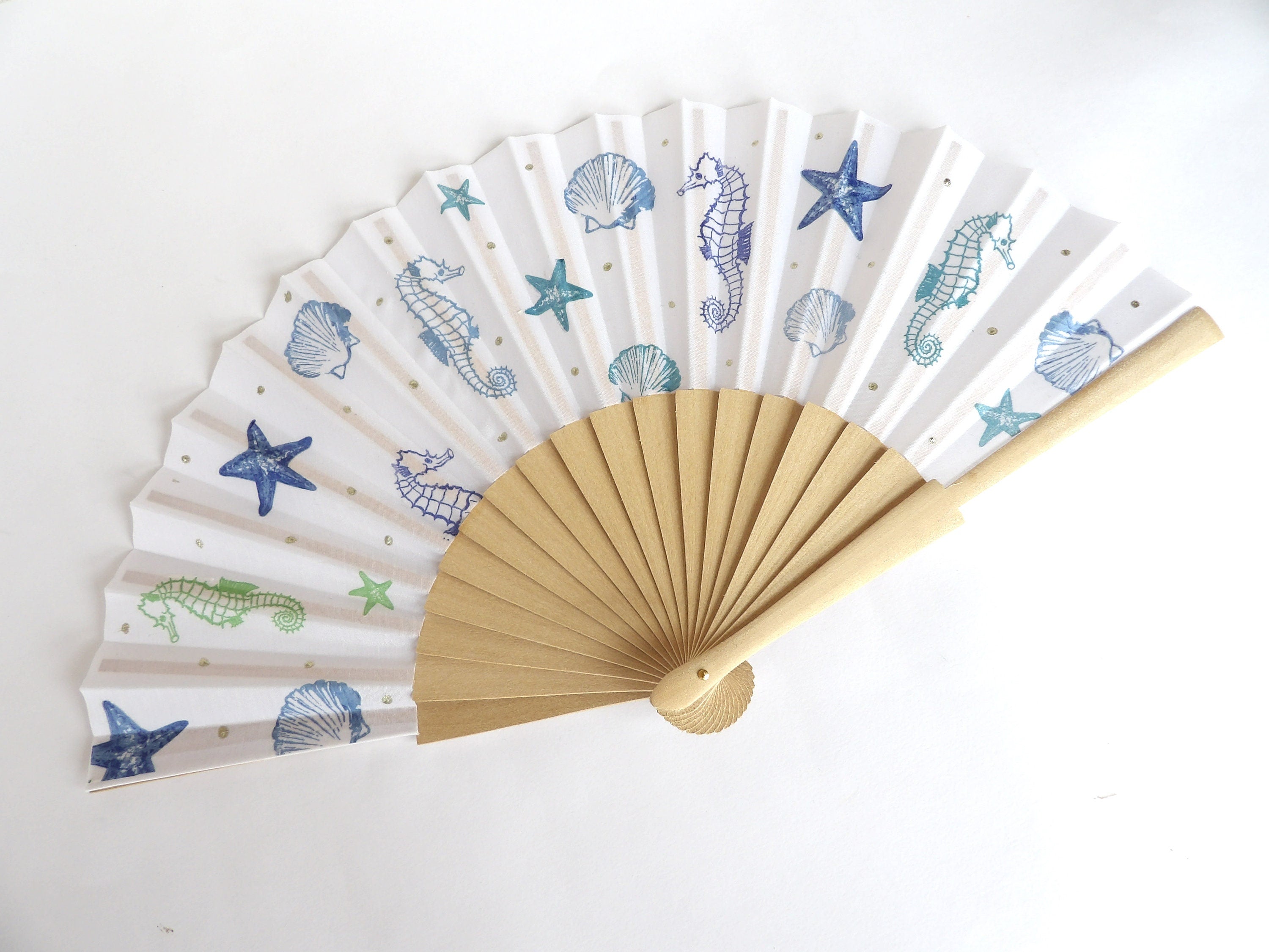 Hand Fan for Beach wedding, Folding Fan with Shells and Sea Horse, Nautical Wedding Hand Fan, Scllop Handheld fan, Summer Accessory for Wife