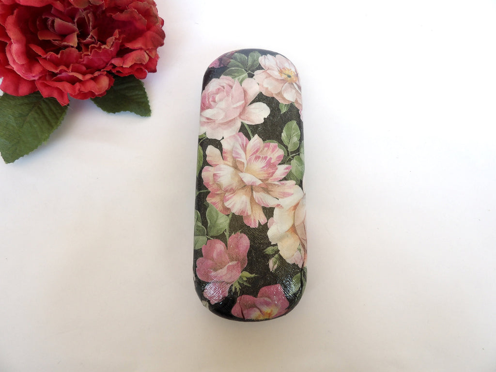 Floral Rose Hard Eyeglasses Case: Handmade Decoupage Glasses Holder