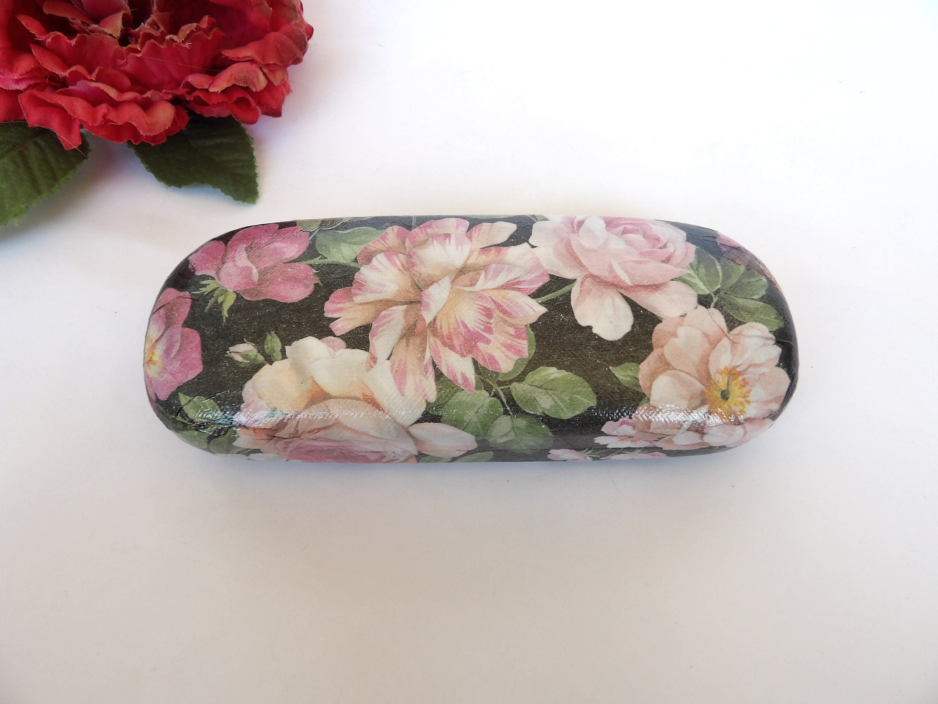 Floral Rose Hard Eyeglasses Case: Handmade Decoupage Glasses Holder