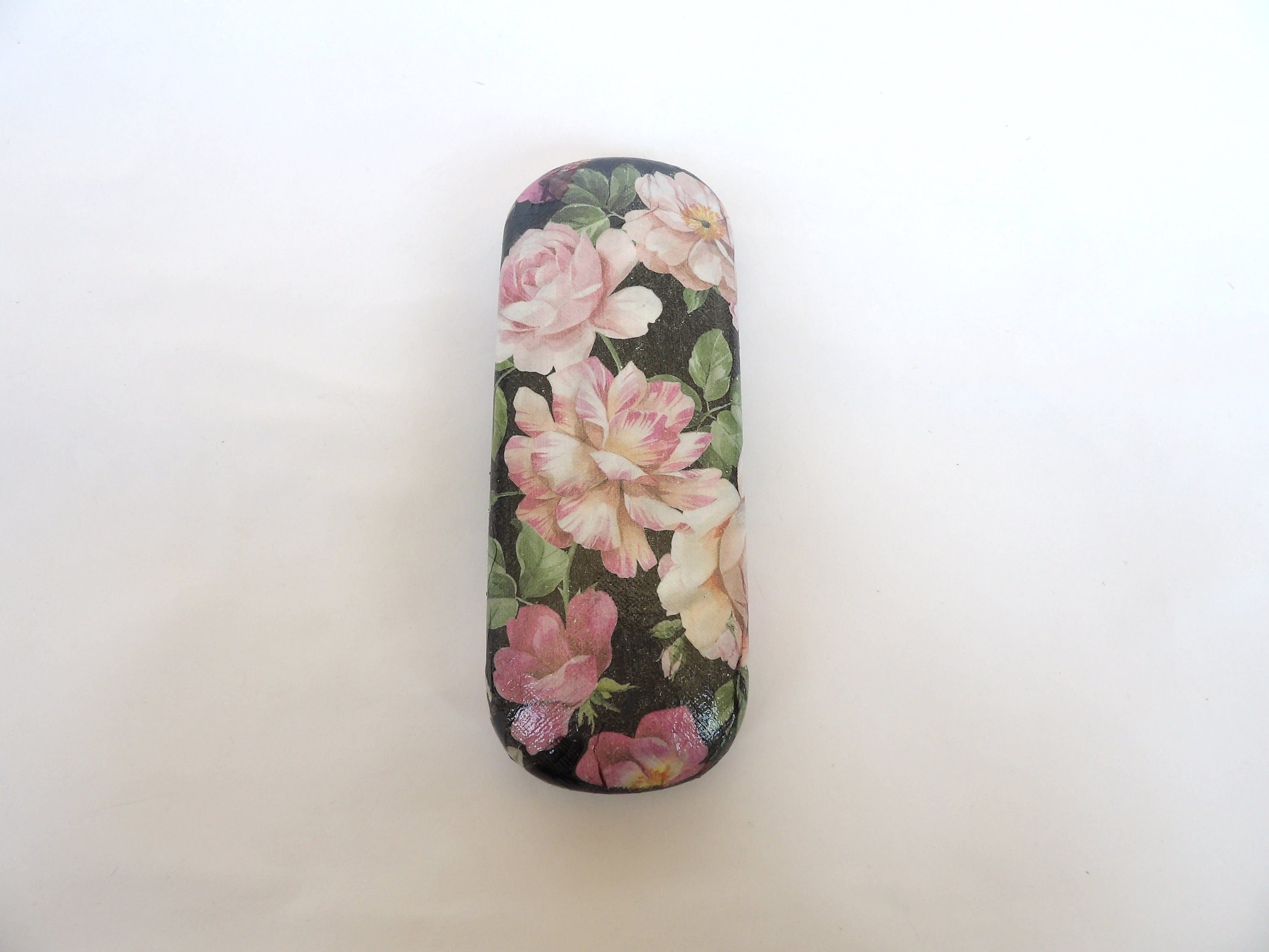 Floral Rose Hard Eyeglasses Case: Handmade Decoupage Glasses Holder