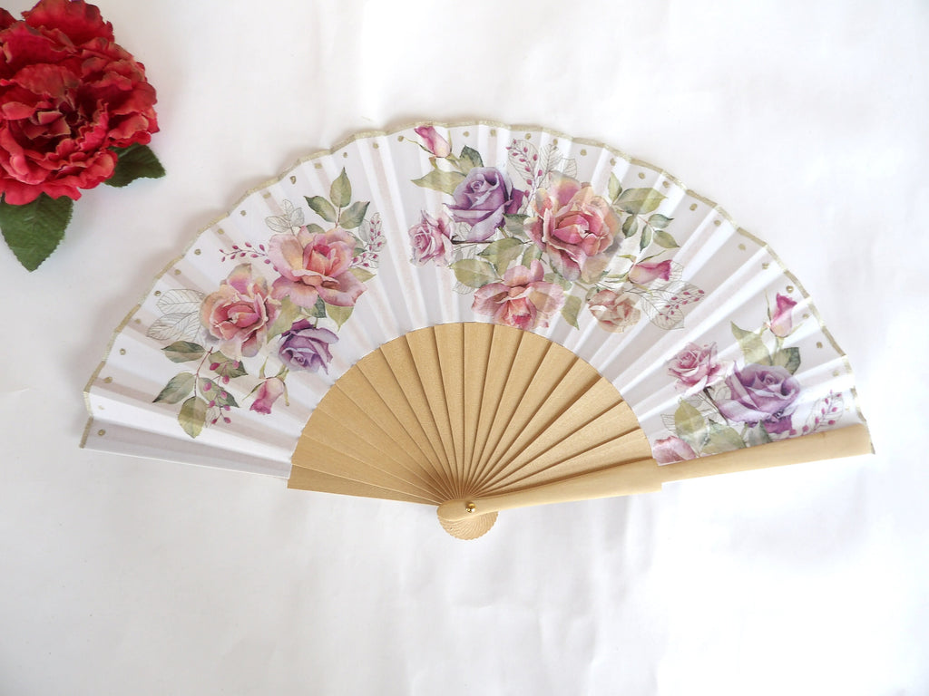 Wedding Hand Fan with Roses, Floral Holding Fan, Evening Dress Accessory, Spanish Handheld Fan, gift for bride, gift for mom, Spanish fan