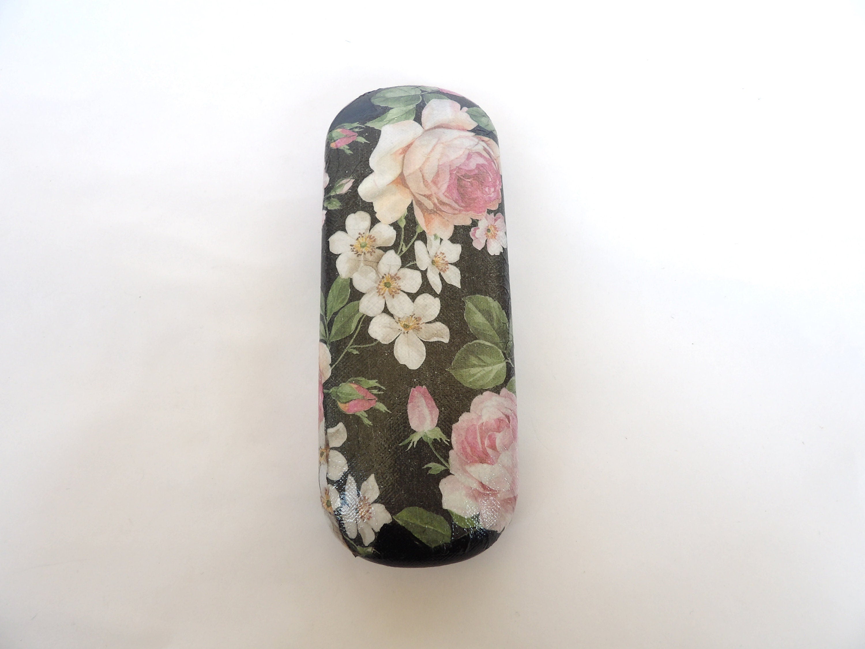 Floral Rose Hard Eyeglasses Case: Handmade Decoupage Glasses Holder