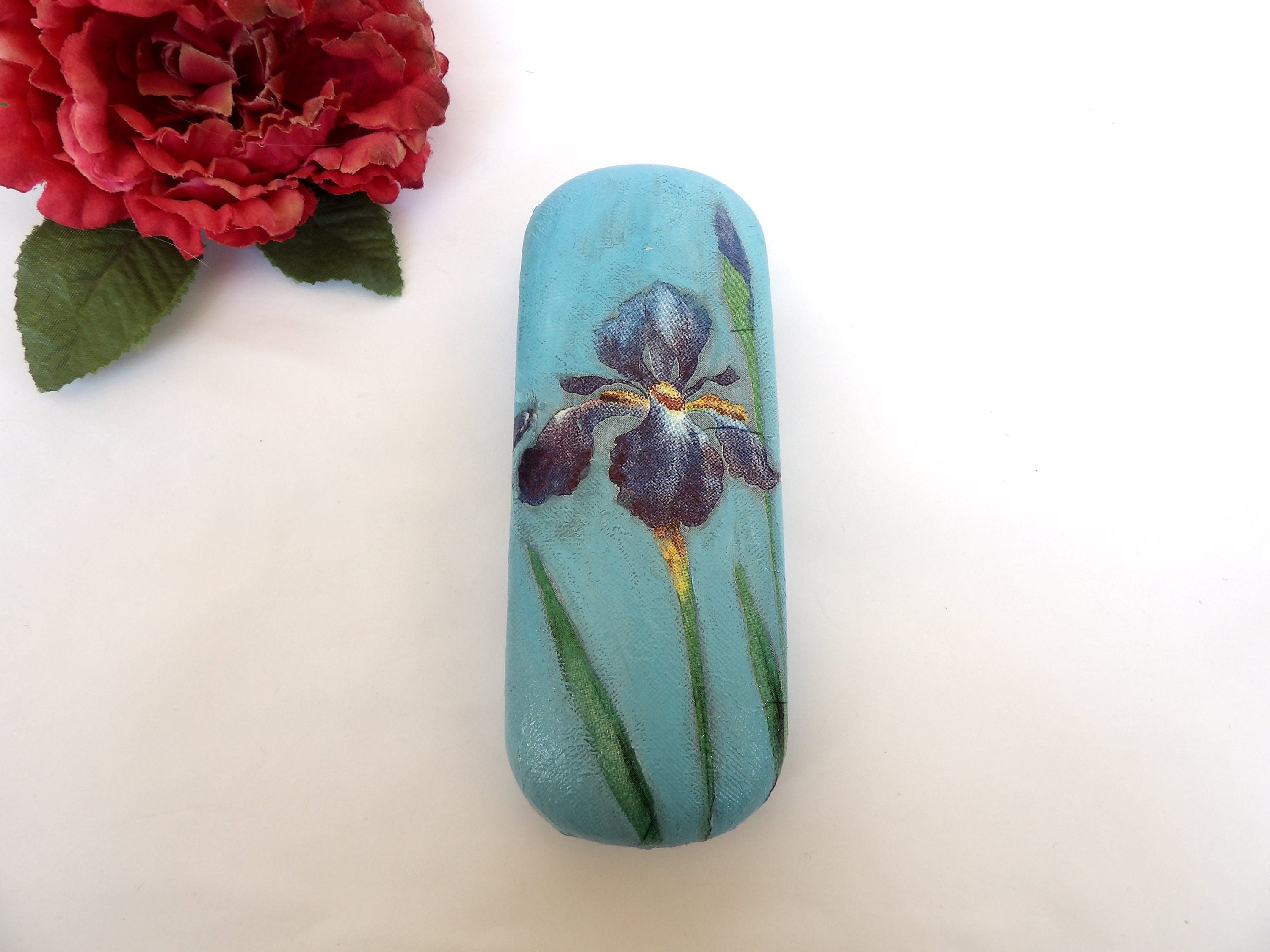 Blue Iris Hard Eyeglasses Case: Handmade Floral Spectacle Protector