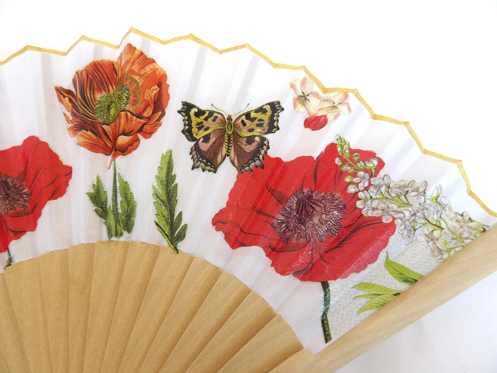 Hand Fan with Poppy Flower , Red Wild Poppy Folding Fan, Wedding Accesory, Elegant Hand Fan, Scallop Handheld Fan, Floral Gift for Bride