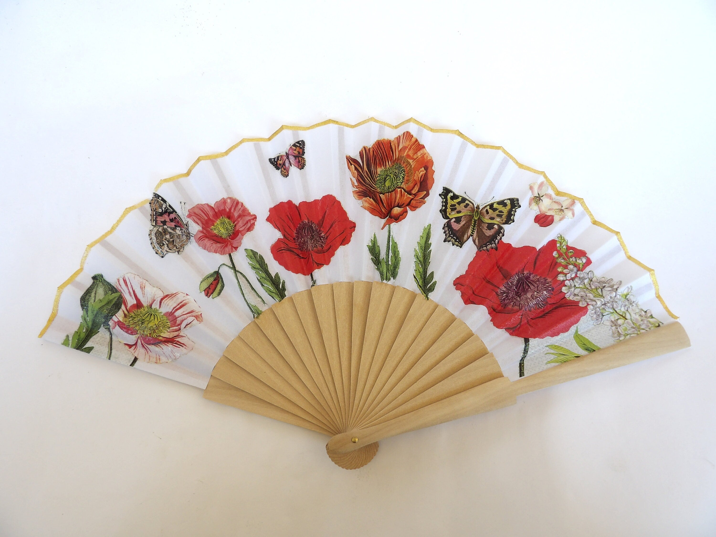 Hand Fan with Poppy Flower , Red Wild Poppy Folding Fan, Wedding Accesory, Elegant Hand Fan, Scallop Handheld Fan, Floral Gift for Bride
