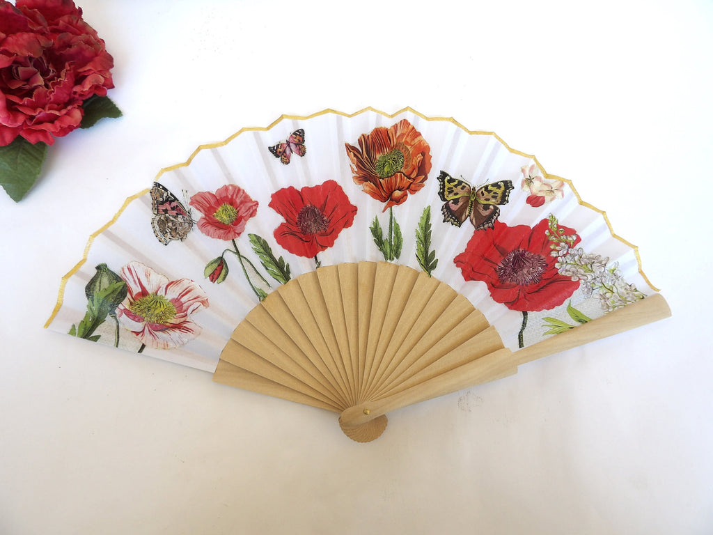Hand Fan with Poppy Flower , Red Wild Poppy Folding Fan, Wedding Accesory, Elegant Hand Fan, Scallop Handheld Fan, Floral Gift for Bride