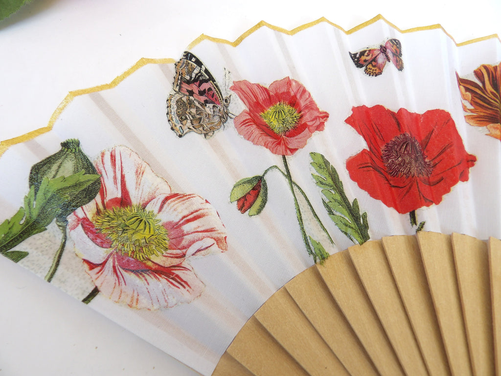 Hand Fan with Poppy Flower , Red Wild Poppy Folding Fan, Wedding Accesory, Elegant Hand Fan, Scallop Handheld Fan, Floral Gift for Bride