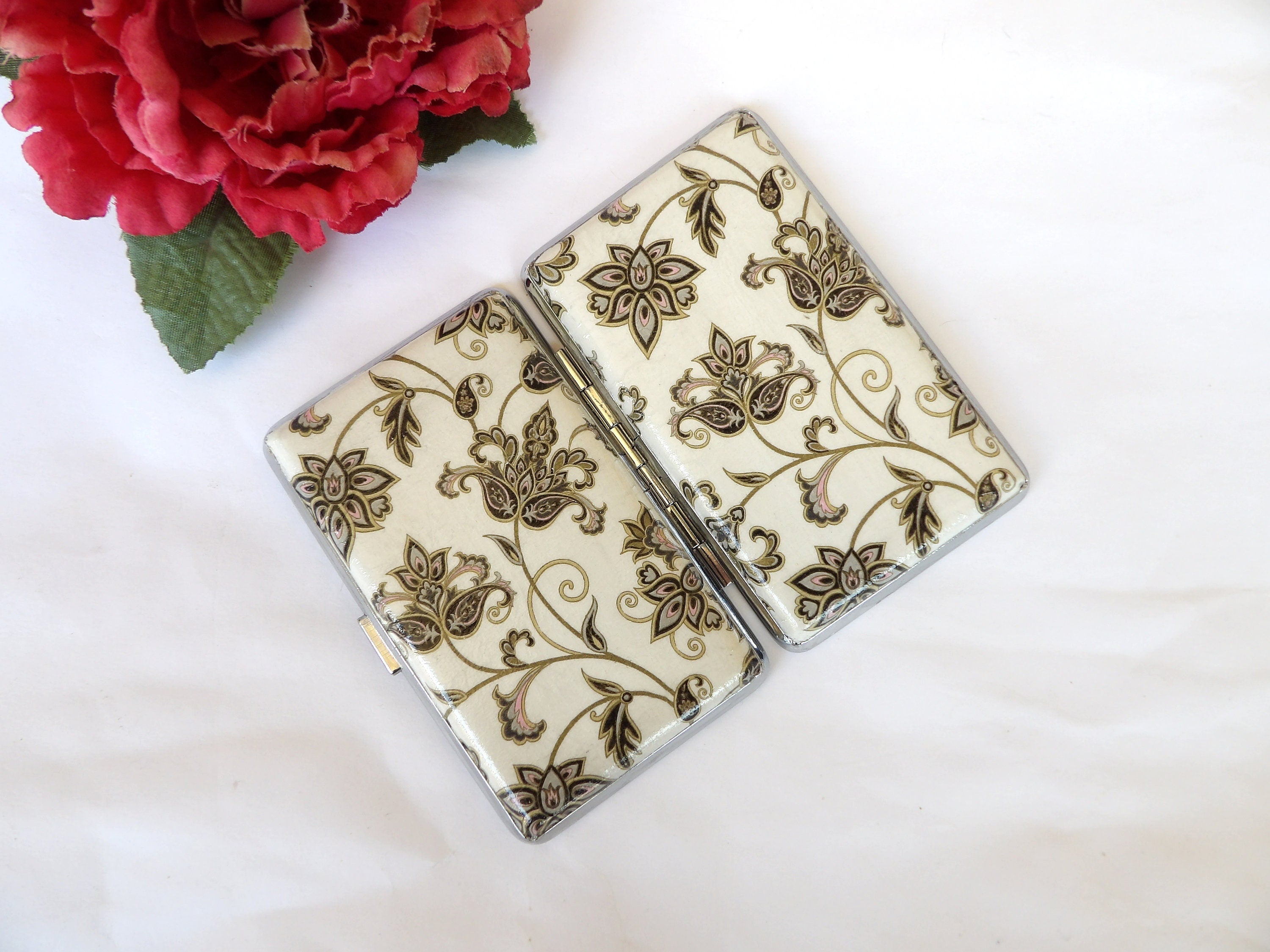 Slim 100's Cigarrette Case, floral oriental design, Business Card Case, WM Art Noveau Box , Elegant Gift, Credit Card Case, Bag Purse case