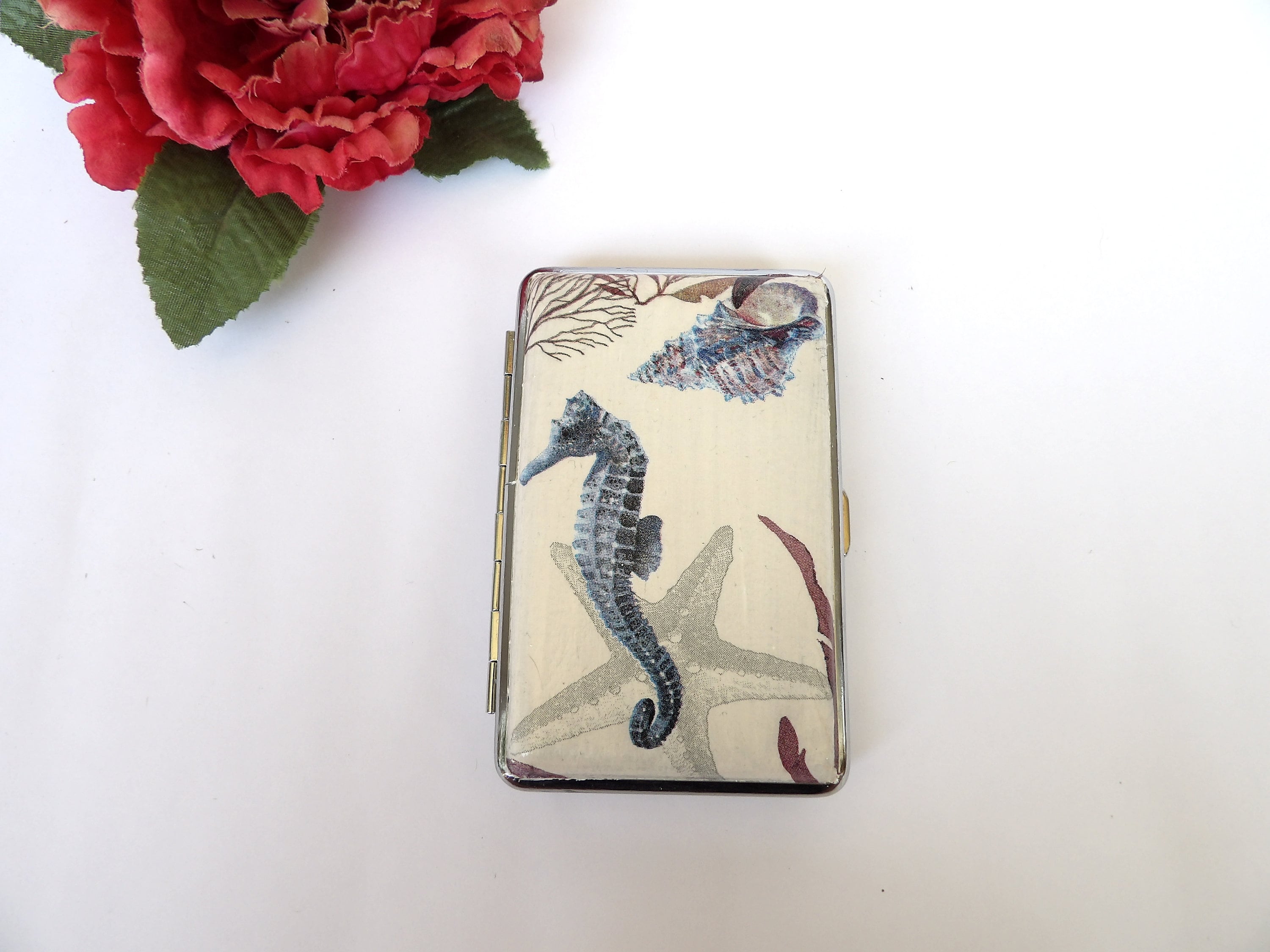 Slim 100's Cigarrette Case with Sea horse, Nautical Box, ID Card Case, Gift for Smokers, Fish and sea star case, Credit Card Case, Bag Purse