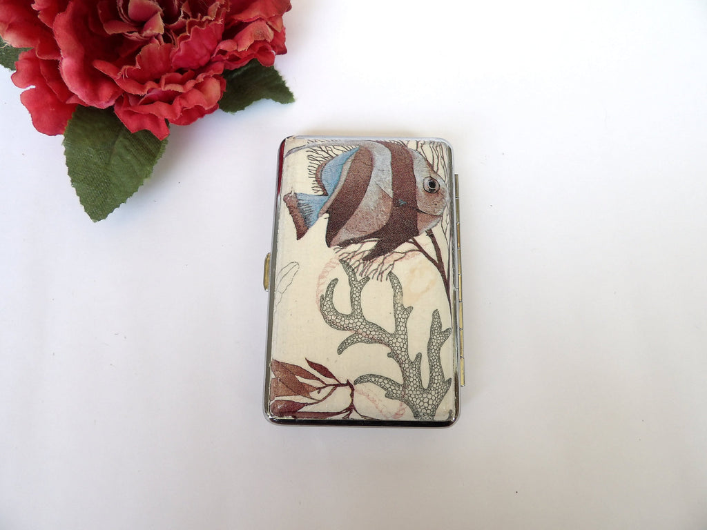 Slim 100's Cigarrette Case with Sea horse, Nautical Box, ID Card Case, Gift for Smokers, Fish and sea star case, Credit Card Case, Bag Purse