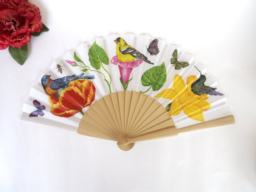 Hand Fan with Birds and Flowers, Botanical Hand Fan, Nature lovers Hand Fan, Spanish Holding Fan, Wedding Accessory, Bride Hand Fan