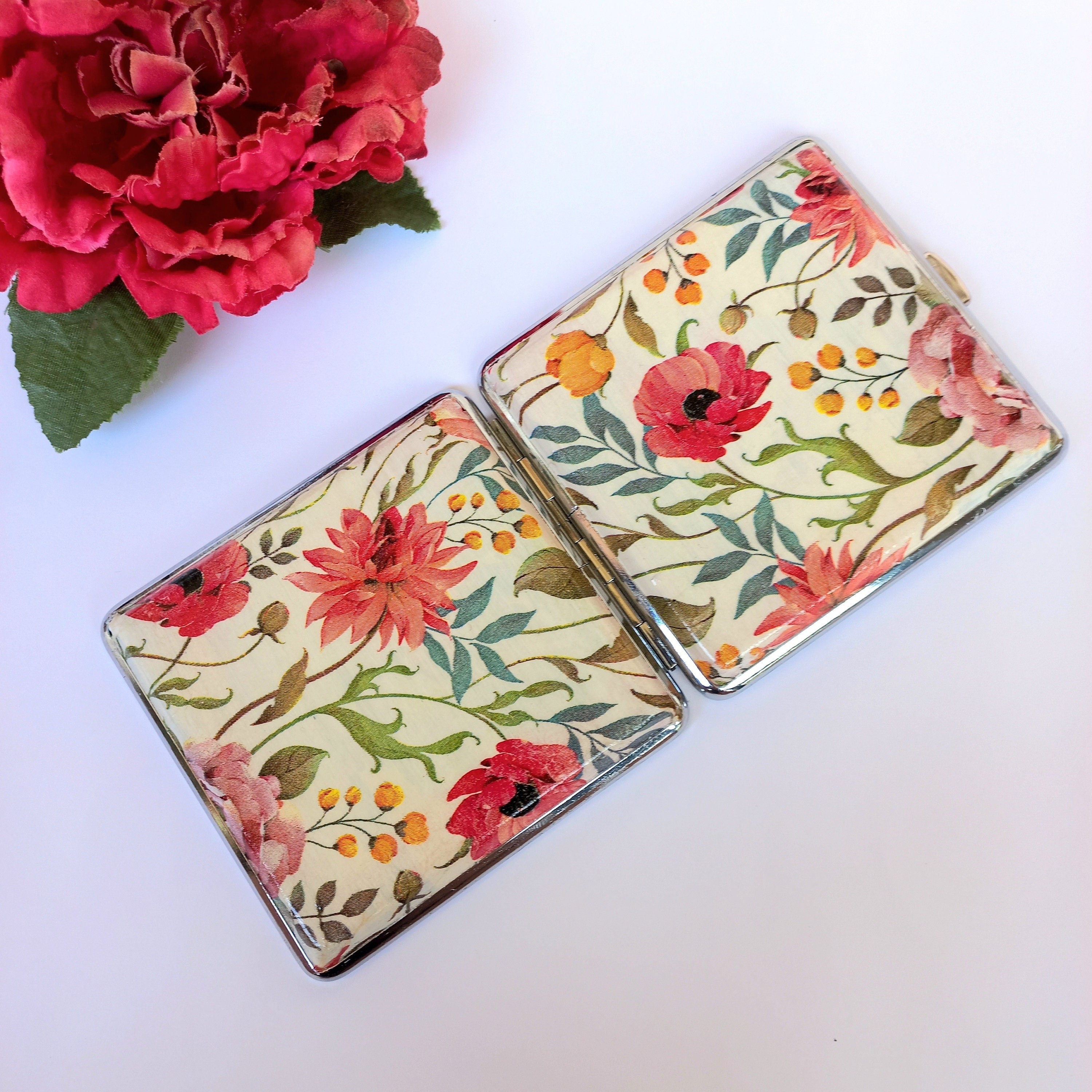 Wildflower Cigarette and ID Card Case, Distressed Floral Design, Credit Card Wallet, Clutch Holder,  Purse bag, clutch case, woman accessory