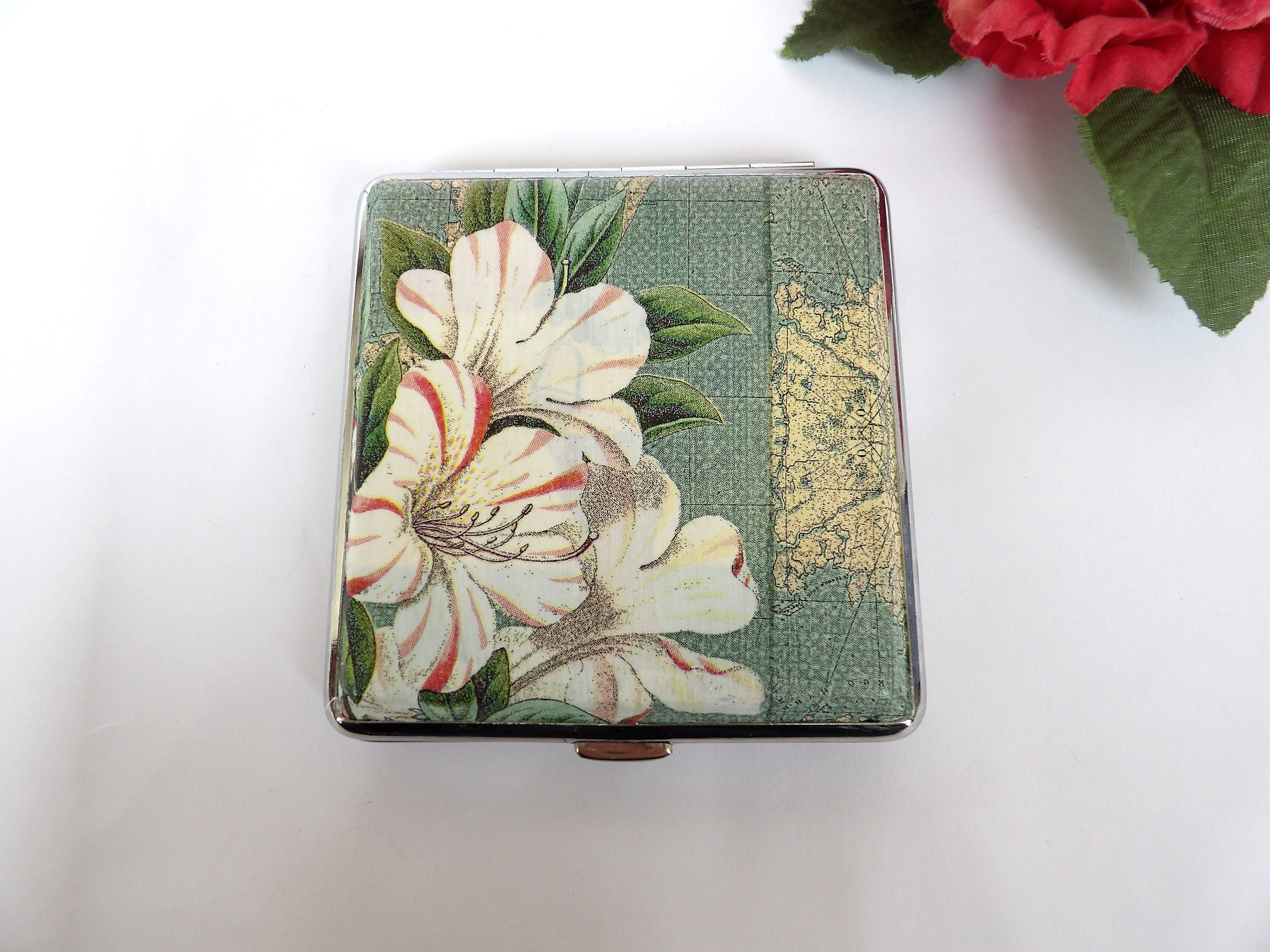 Hummingbird Cigarette Case, ID Card Case, Business Card Case, Distresed Floral Case, Credit Card Wallet, Floral king size Cigarrette Holder
