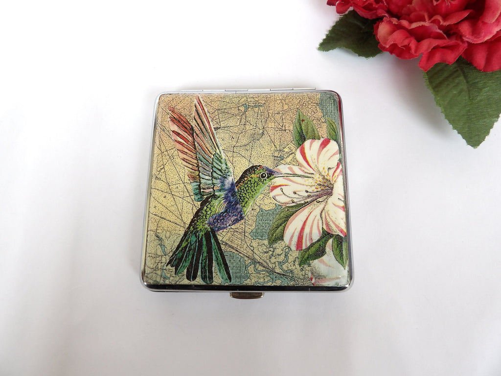 Hummingbird Cigarette Case, ID Card Case, Business Card Case, Distresed Floral Case, Credit Card Wallet, Floral king size Cigarrette Holder