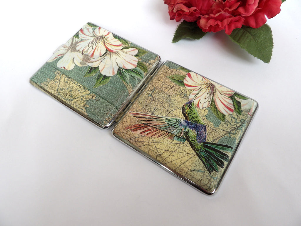 Hummingbird Cigarette Case, ID Card Case, Business Card Case, Distresed Floral Case, Credit Card Wallet, Floral king size Cigarrette Holder