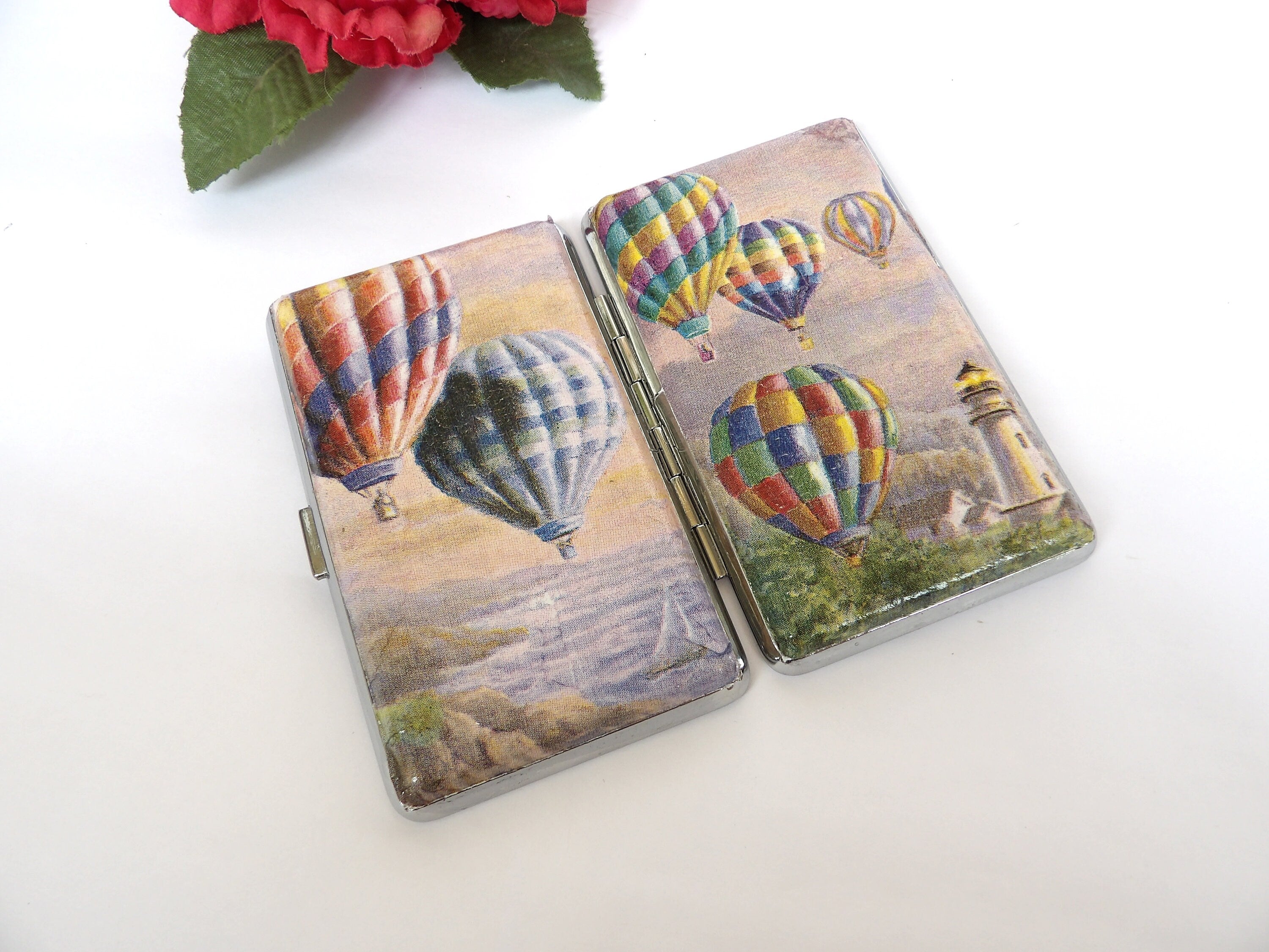 Travelers cigarrette case, 100s slim cigarette box, case for adventurers, business card case for her, Best friend gift, hot air baloons box