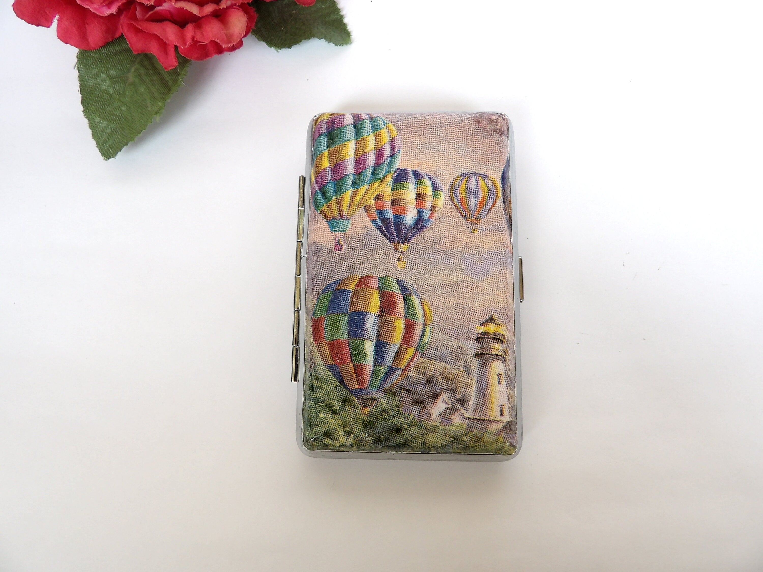 Travelers cigarrette case, 100s slim cigarette box, case for adventurers, business card case for her, Best friend gift, hot air baloons box