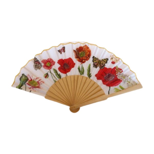 Hand Fan with Poppy Flower , Red Wild Poppy Folding Fan, Wedding Accesory, Elegant Hand Fan, Scallop Handheld Fan, Floral Gift for Bride