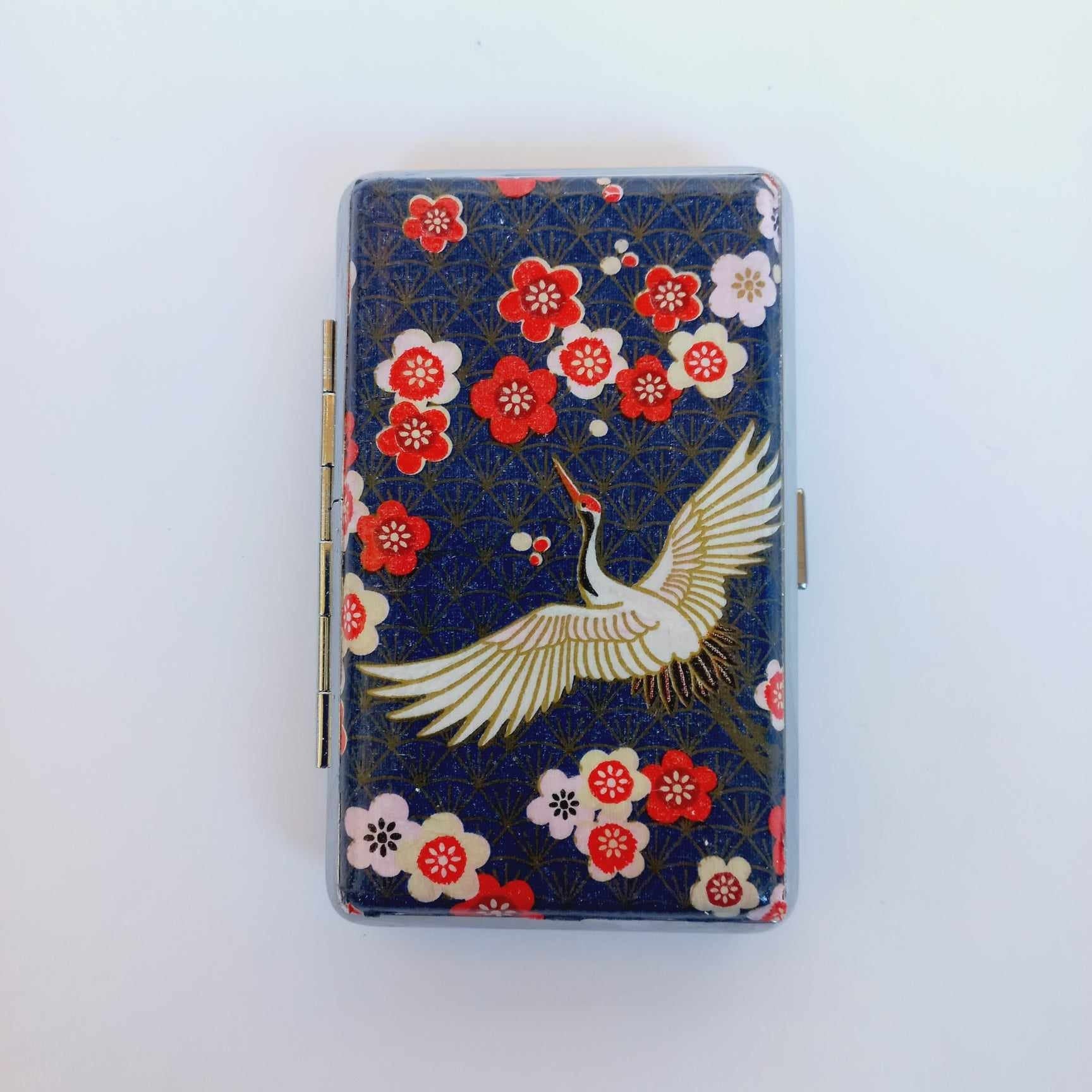 Crane bird  cigarrette case, 100's slim cigarette box, asiatic floral pattern, credit card case, business card case, elegant gift for her